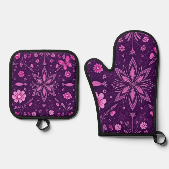 Flower Bloom Fairycore Pattern Oven Mitt & Pot Holder Set (Front)
