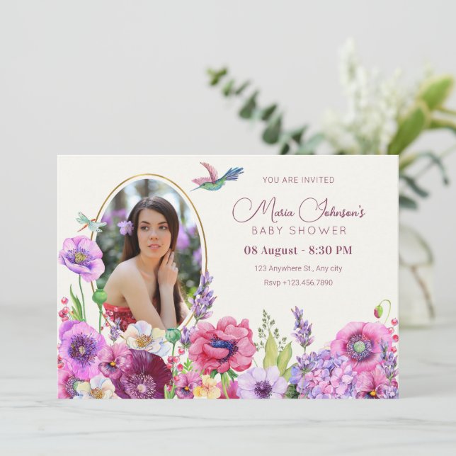 Flower bloom photo baby shower invitation (Standing Front)