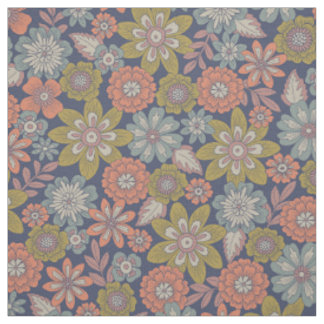 Flower Blooms & Blossoms in Coral, Blue & Green Fabric