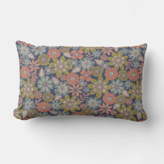 Flower Blooms & Blossoms in Coral, Blue & Green Lumbar Pillow