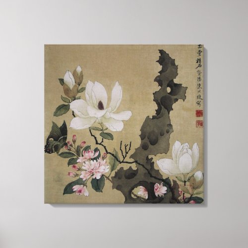 Flower Blossoms and Butterfly Vintage Chinese Art Canvas Print