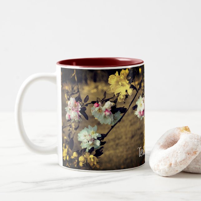 Flower Blossoms In Sepia Personalized Two-Tone Coffee Mug (With Donut)
