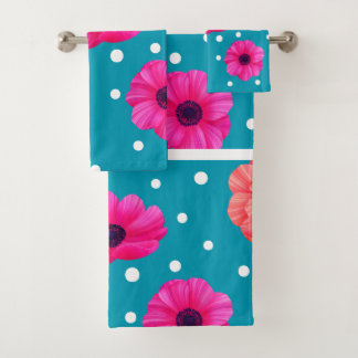 Flower blue and orange pink bath towel set
