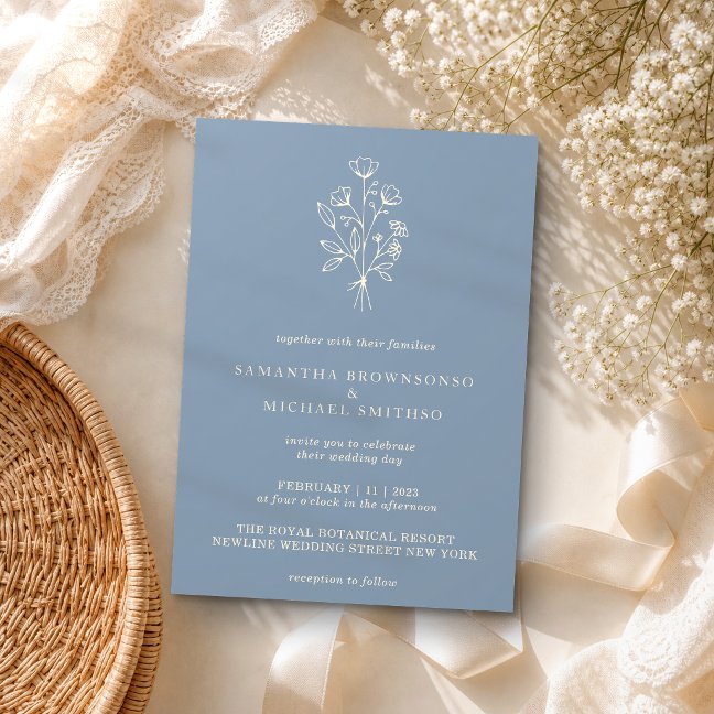 Flower Boho Minimal Botanical Dusty Blue Wedding Invitation