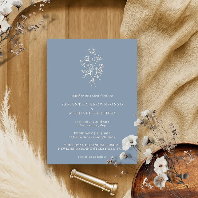 Flower Boho Minimal Botanical Dusty Blue Wedding Invitation (Creator Uploaded)