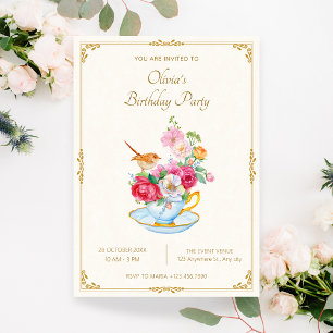 Flower bouquet aesthetic tea cup birthday invitation