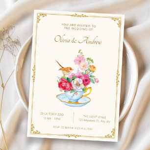 Flower bouquet aesthetic tea cup wedding invitation
