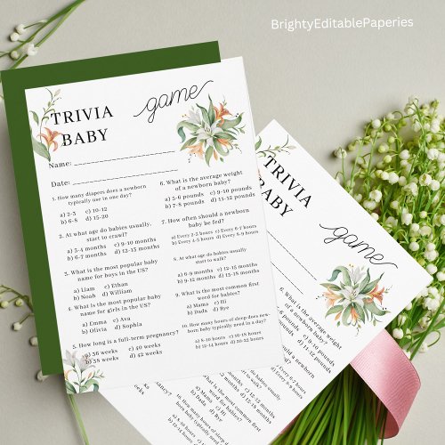 Flower Bouquet Baby Shower Trivia Gam Note Card