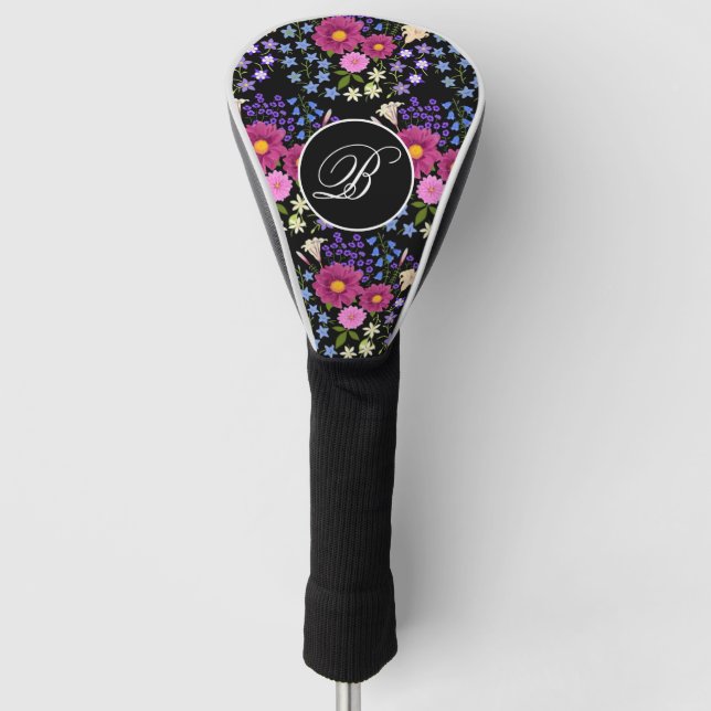 Flower Bouquet Black Monogram Golf Head Cover (Front)