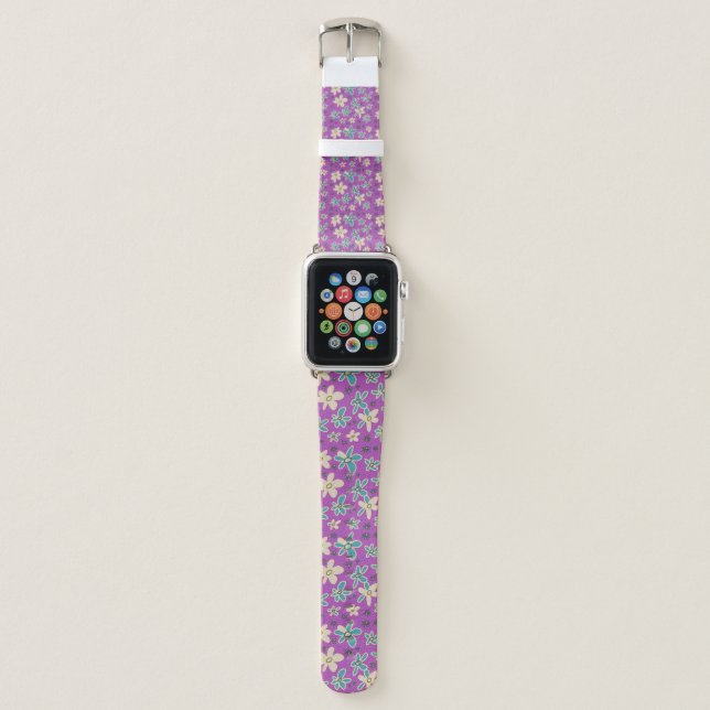 Flower Bouquet Daisy Meadow Purple Ecru Teal Apple Watch Band (Front)