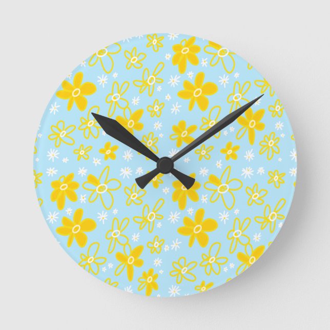 Flower Bouquet Daisy Meadow Sky Yellow White Round Clock (Front)