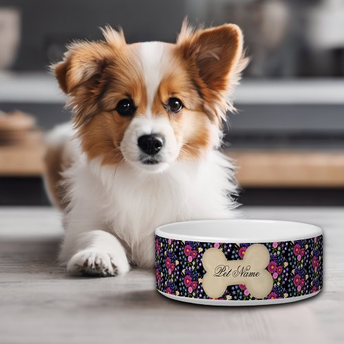 Flower Bouquet Dog or Cat Bowl Black