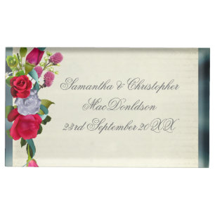 Flower bouquet floral and silver wedding place card holder