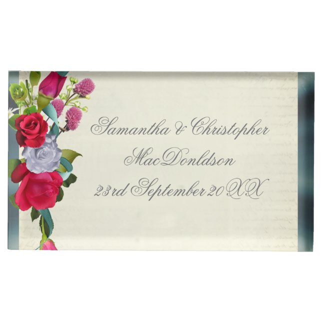 Flower bouquet floral and silver wedding place card holder (Front)