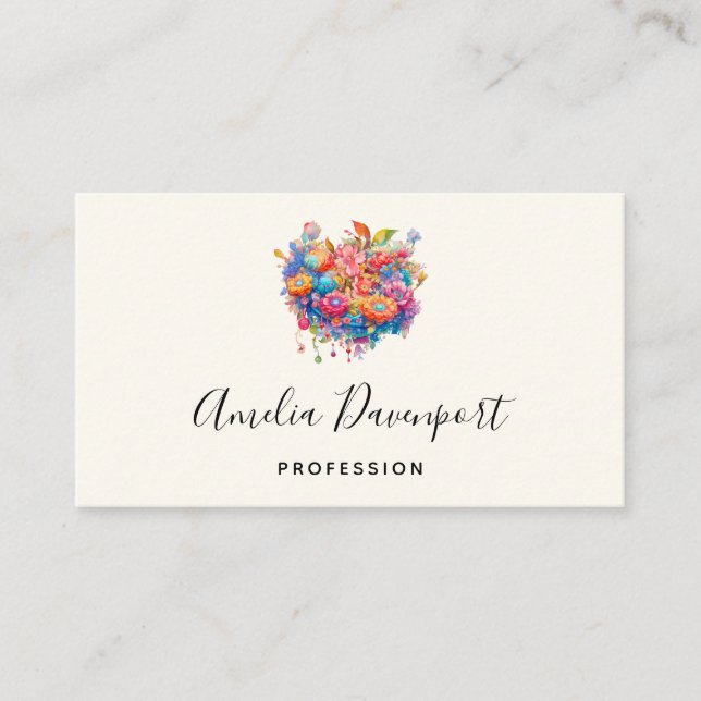 Flower Bouquet in Pink Orange & Blue Boho Business Card (Front)