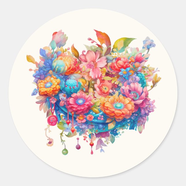 Flower Bouquet in Pink Orange & Blue Boho Classic Round Sticker (Front)