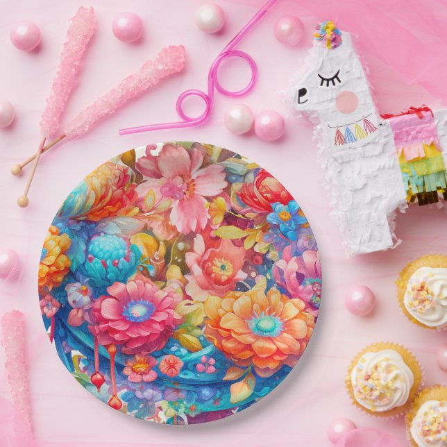 Flower Bouquet in Pink Orange & Blue Boho Paper Plates (Party)