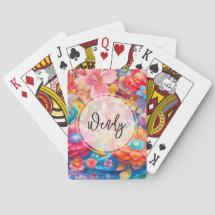 Flower Bouquet in Pink Orange & Blue Boho Poker Cards