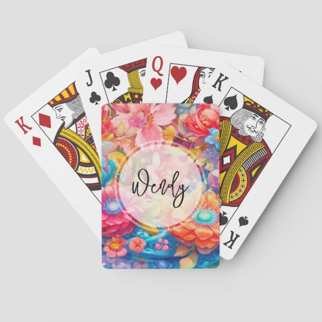  Flower Bouquet in Pink Orange & Blue Boho Poker Cards (Back)