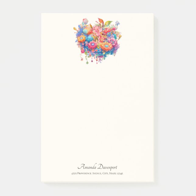 Flower Bouquet in Pink Orange & Blue Boho Post-it Notes (Front)