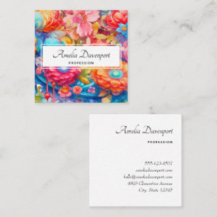 Flower Bouquet in Pink Orange & Blue Boho Square Business Card
