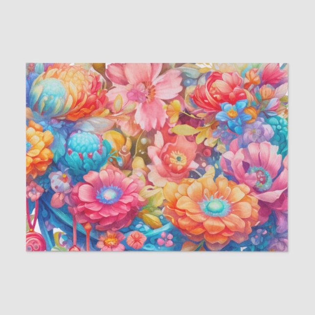 Flower Bouquet in Pink Orange & Blue Boho Tissue Paper (Front)