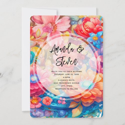 Flower Bouquet in Pink Orange  Blue Boho Wedding Invitation