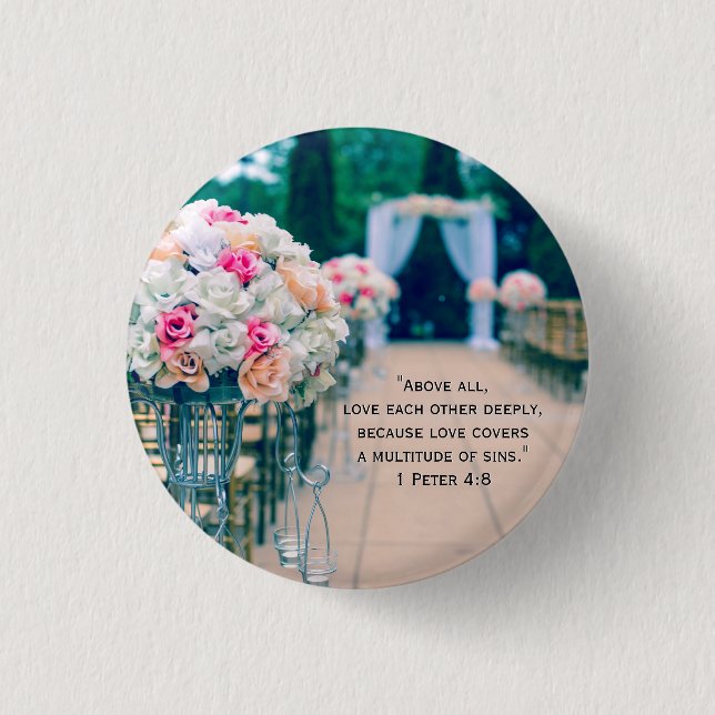 Flower Bouquet Love and Wedding Aisle Bible Verse Button (Front)
