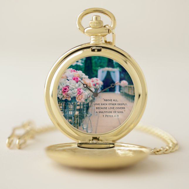 Flower Bouquet Love and Wedding Aisle Bible Verse Pocket Watch (Inside)