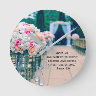 Flower Bouquet Love and Wedding Aisle Bible Verse Round Clock