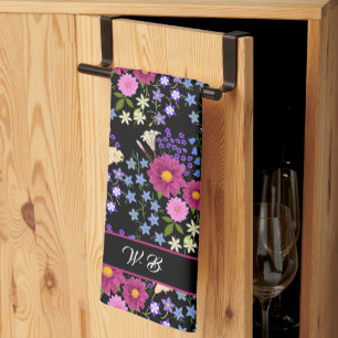 Flower Bouquet Monogram Black Kitchen Towel