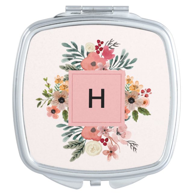 Flower bouquet monogrammed compact mirror (Front)