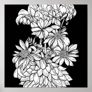 Flower Bouquet Nature Floral Ink Color Page Poster
