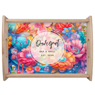 Flower Bouquet Orange & Blue Bar & Grill Serving Tray