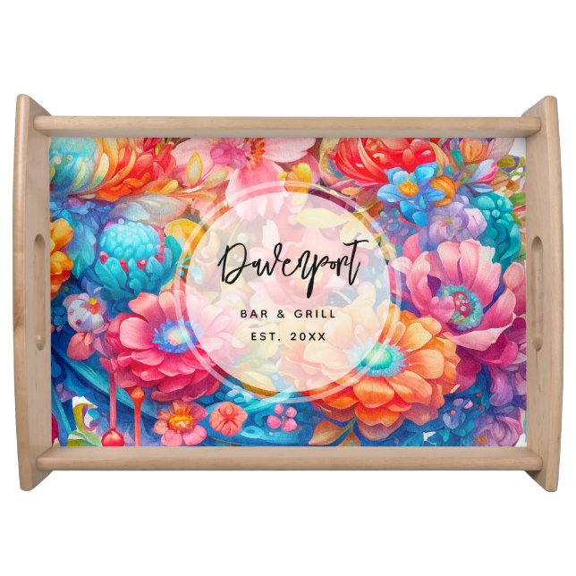 Flower Bouquet Orange & Blue Bar & Grill Serving Tray (Front)