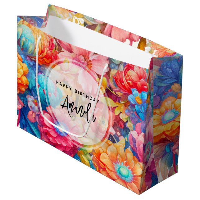 Flower Bouquet Orange & Blue Boho Birthday Large Gift Bag (Front Angled)