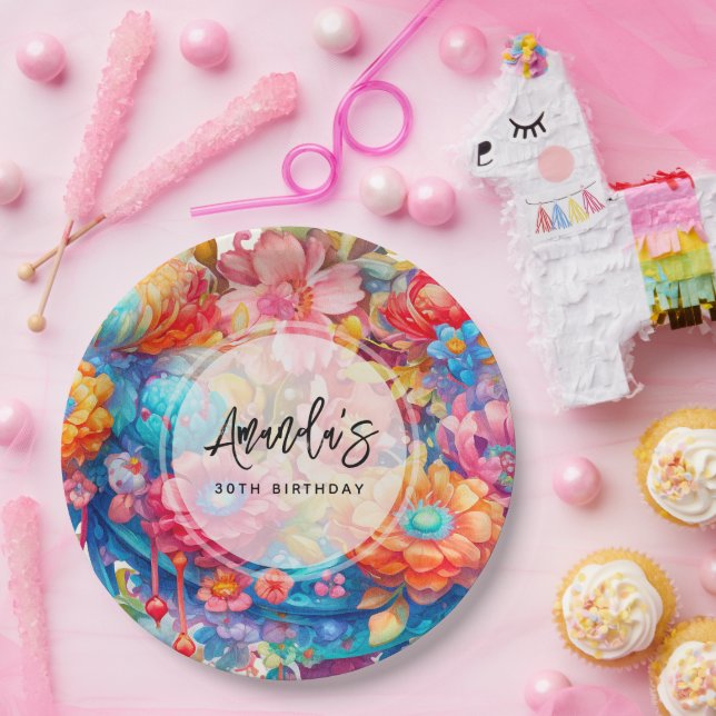 Flower Bouquet Orange & Blue Boho Birthday Paper Plates (Party)