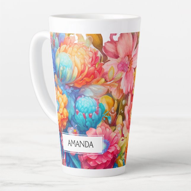 Flower Bouquet Orange & Blue Boho Latte Mug (Left Angle)