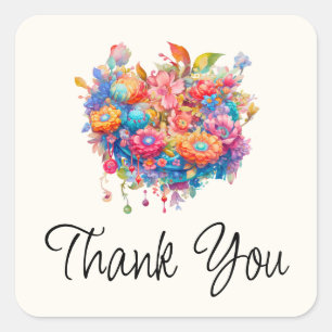 Flower Bouquet Orange & Blue Boho Thank You Square Sticker