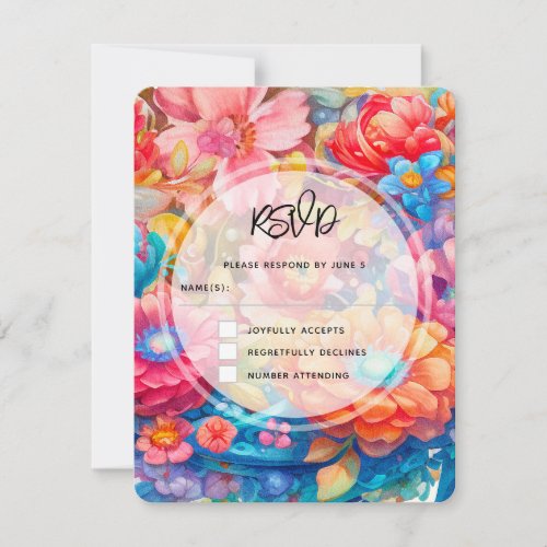 Flower Bouquet Orange  Blue Boho Wedding RSVP Card