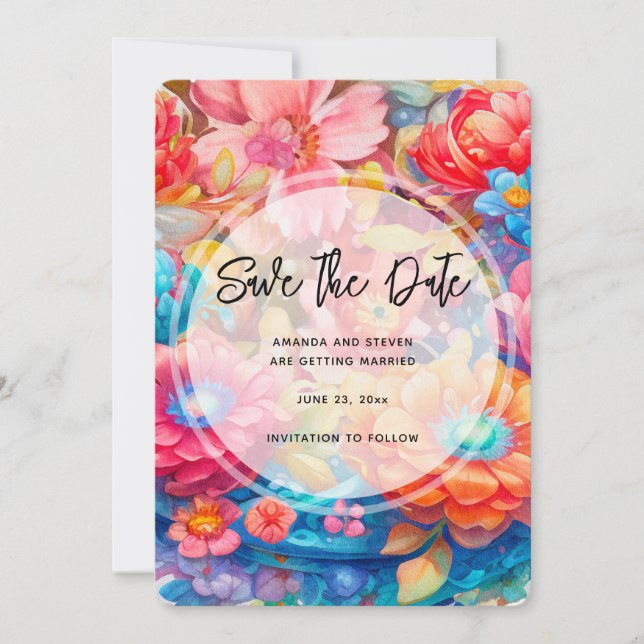 Flower Bouquet Orange & Blue Boho Wedding Save The Date (Front)