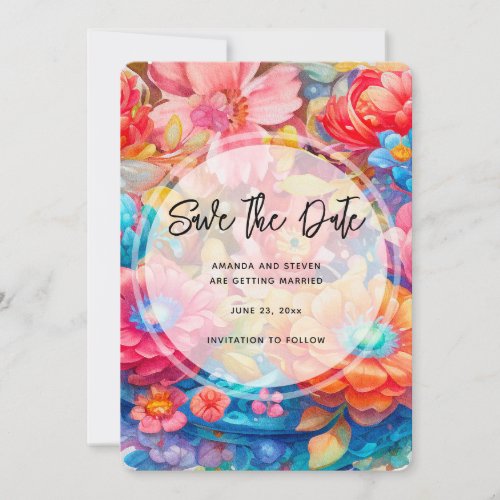 Flower Bouquet Orange  Blue Boho Wedding Save The Date