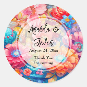 Flower Bouquet Pink & Orange Wedding Thank You Classic Round Sticker