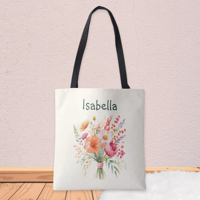 Flower Bouquet Pretty Floral ChicPersonalized Tote Bag (A pretty, personalized tote bag in pale cream, with picture of a summer floral bouquet)