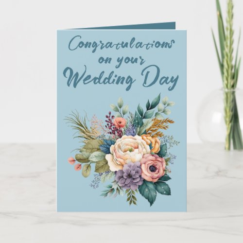 Flower Bouquet Wedding Congratulations blue Card