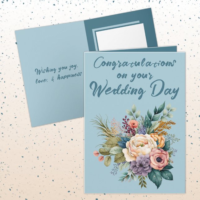 Flower Bouquet Wedding Congratulations blue Card (Creator Uploaded)