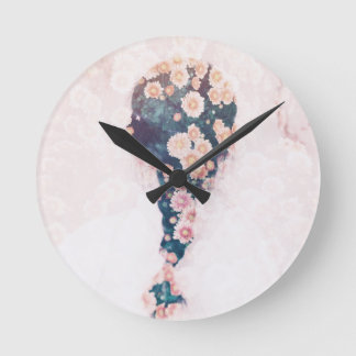 Flower Braid Pastel Pink White Round Wall Round Clock