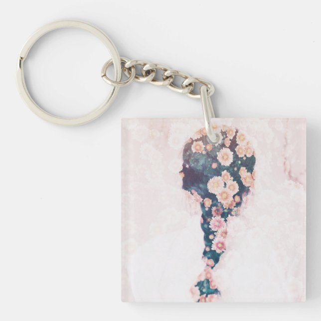 Flower Braid Pastel Pink White Square double-sided Keychain (Front)