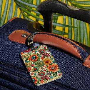 Flower brown purple orange cottagecore Pattern Luggage Tag