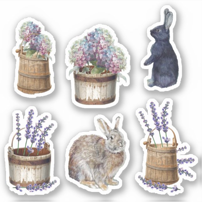 Flower Bucket Pail Hydrangea Lavender Rabbit Farm Sticker (Front)
